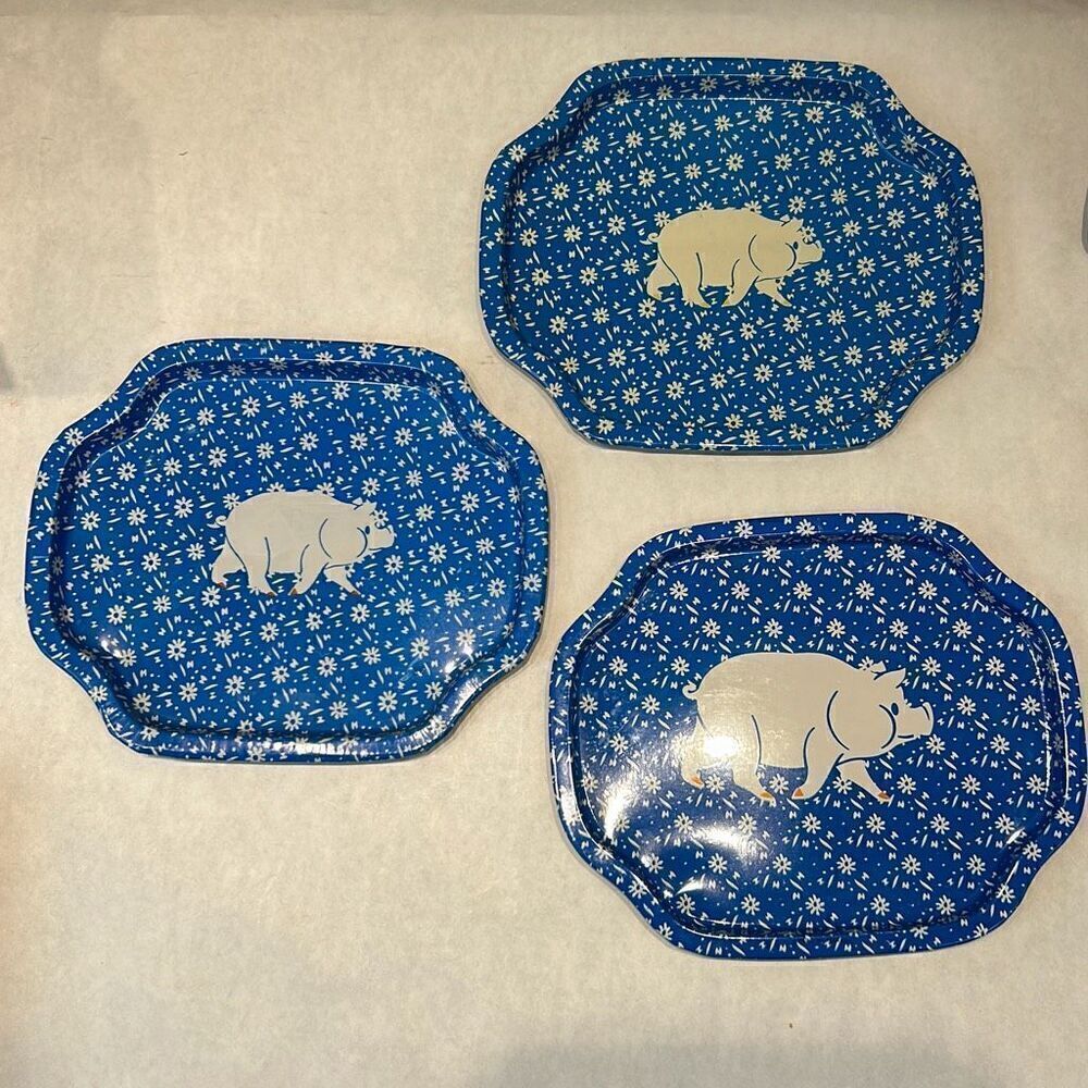 Vtg Tin Metal Pig Trays Small Nightstand Childs Farm Animals Set 3 Blue Decor Ki